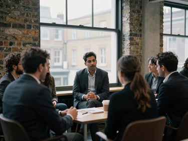 Mo Aboshanab in active discussion with local business owners inside a modern brick-walled London workspace, natural window light, cool desaturated tones, 35mm film.