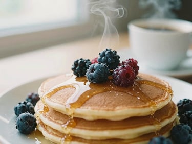 Close-up of a plate of fluffy local pancakes with fresh berries and maple syrup, steaming coffee cup in soft morning light, rich cream tones, shallow depth of field, 35mm film.