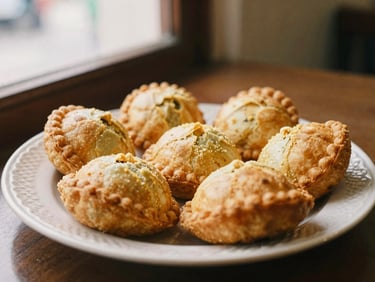 Plate of freshly baked curry puffs and traditional kuih, golden brown, on a patterned ceramic plate, cozy cafe setting, soft indoor glow, rich cream tones, shallow depth of field, 35mm film.
