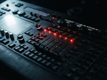 Extreme close-up of a professional DMX lighting console, sharp red indicator lights cutting through deep shadows, matte black faders, dramatic low-key theatrical lighting, 35mm