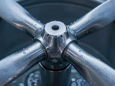 Close-up of Monel alloy propeller shaft, wet with seawater, sharp metallic reflections, cool blue tones, high contrast, industrial lighting, 50mm