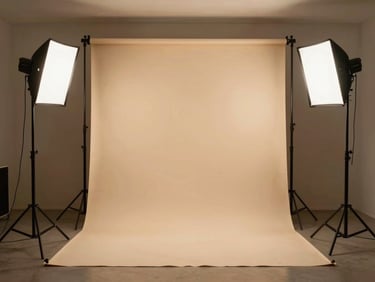 Photography backdrop setup in a decorated indoor venue — a structured fabric and balloon backdrop positioned under a professional lighting rig, warm studio strobes illuminating the backdrop evenly, no people, full-frame environmental shot