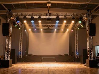 In-situ sound and lighting rig at an indoor event venue — truss structure with coloured LED par cans and speakers visible, warm amber wash across a decorated stage behind, no people, wide environmental shot from floor level