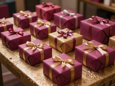 Styled return gift display — a flat lay of neatly arranged gift boxes in coordinated magenta and gold wrapping on a decorated table, warm side-light, extreme close-up of table detail, no people