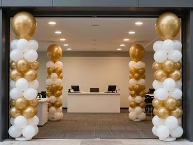 Wide environmental shot of a corporate social event decoration — sleek balloon columns in brand-neutral gold and white flanking a reception table, recessed spotlights overhead, full-room view from entrance, no people