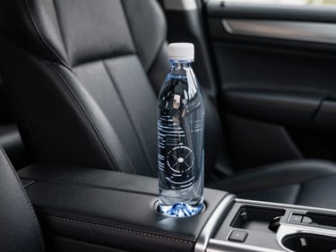 Macro shot of a pristine black leather seat inside an executive SUV, featuring a bottle of premium mineral water in the console, soft ambient cabin lighting
