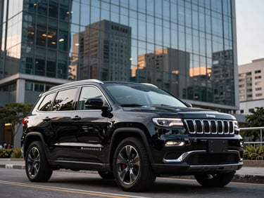 Polished black Jeep Commander parked in front of a modern glass skyscraper in São Paulo, twilight reflections on the bodywork