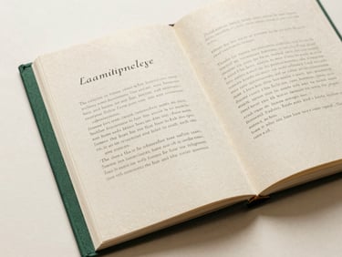 Overhead flatlay of a custom-bound linen book open on a heavy cream paper background, showing elegant serif typesetting, soft window daylight, rich tactile textures.