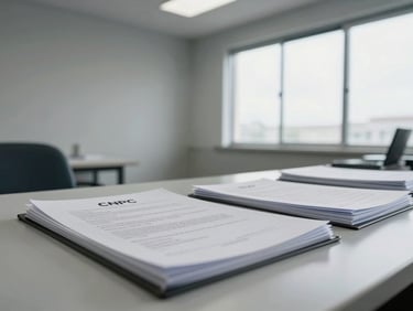 Wide environmental shot of a clean institutional office space in natural overcast daylight, a desk with organized legal documents and a CNPJ certificate folder visible, neutral gray walls, no people, shot from a low angle looking across the desk surface