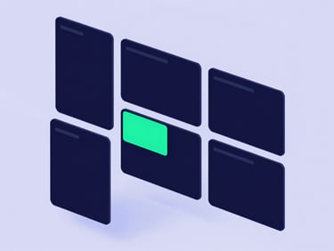 Isometric 3D render of a clean software kanban board, sleek dark navy cards, neon cyan accents, modern minimalist tech aesthetic.