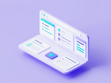 Isometric 3d render of a sleek software dashboard with lavender ambient lighting, clean UI mockups, and sharp cyan accents.