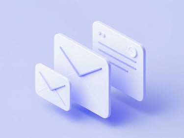 Minimalist 3D render of a clean email inbox interface, soft lavender ambient glow, floating message cards, precise geometric vectors.