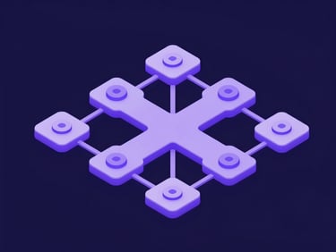 Clean isometric 3D render of interconnected automation nodes, glowing lavender pathways, deep indigo background, sharp vector UI style.