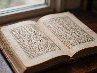 Close-up of an ornate, leather-bound antique book open to a page with intricate calligraphy, soft directional light, rich dark tones.