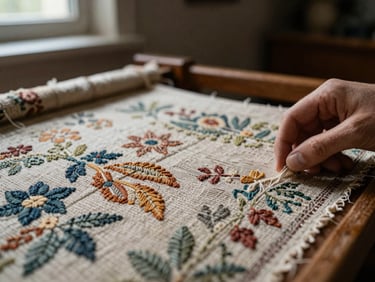 Macro detail of a hand carefully restoring a faded tapestry, rich textures of thread and fabric, soft directional light highlighting the intricate work, dark background.