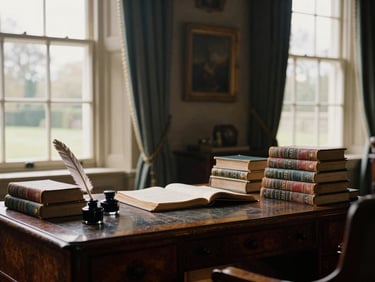 Wide shot of a quiet, sunlit study in a historic British estate, antique wooden desk with a quill and inkwell, a neatly organized stack of old books, warm editorial photography.