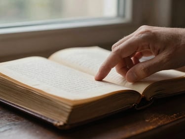 Close-up of a hand gently turning a page of a leather-bound, antique ledger under soft window light, ink fading slightly on aged paper, rich dark tones.