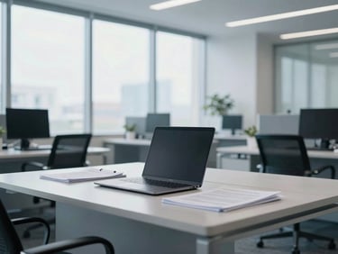 Corporate editorial photography, bright natural office daylight, wide shot of a modern, organized office desk with a laptop and documents, clean blue and gray tones, sharp focus, 35mm lens