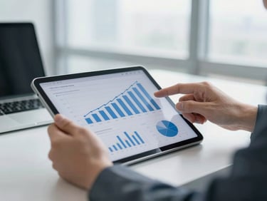 Corporate editorial photography, bright natural office daylight, close-up of hands analyzing financial charts on a tablet, clean blue and gray tones, sharp focus, 35mm lens