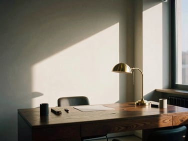 Warm editorial photography of a modern private office interior, dark oak desk, brass desk lamp, warm late-afternoon sun, medium format film.