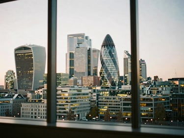 Sweeping view of the London skyline at dusk from a high-rise window, warm interior ambient light, soft focus.