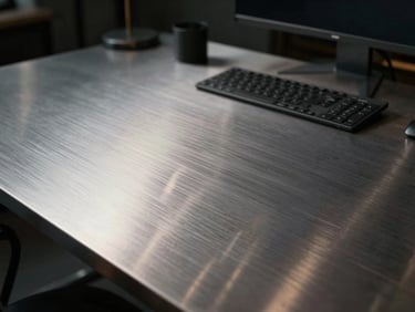 Wide cinematic environmental crop of a premium physical workspace, brushed metal desk, architectural details, high-end desk setup, focused creator workspace, low-key lighting.