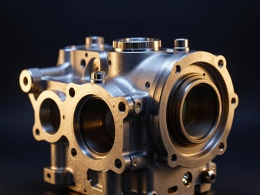 Low-key macro studio photograph of a highly polished metallic engine component, warm golden rim lighting, dark navy background, reflecting technical precision.