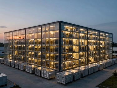 Cinematic wide architectural shot of a massive, automated distribution hub at twilight, glowing server racks visible through glass panels, metallic cargo containers lined up precisely.