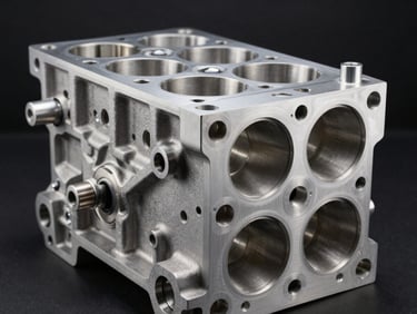 Macro shot of a machined titanium engine block under cold silver studio key light, highlighting sharp metallic edges and precise telemetry lines.