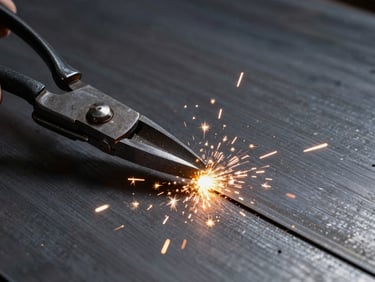 Close-up of industrial metal shears cutting clean through a thick sheet of cold-rolled steel, high contrast, sparks flying, dark metallic background