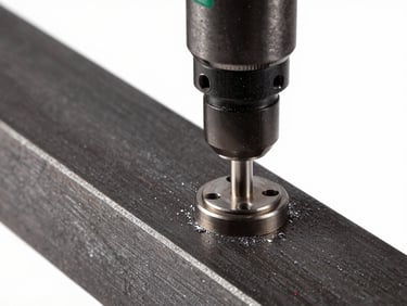 Macro shot of a heavy industrial magnetic drill locked onto a thick steel I-beam, metal shavings visible, sharp studio lighting, dark charcoal tones