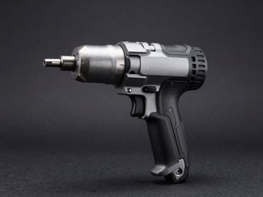 Straight-on profile of a heavy-duty pneumatic impact wrench, sharp directional studio lighting on metallic housing, deep charcoal background, 50mm.