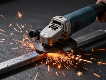 An industrial angle grinder grinding a heavy steel weld, intense stream of bright orange sparks, deep shadows, high-contrast product photography