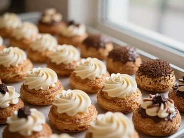 An assortment of freshly baked pastries and desserts on a display, warm natural light, soft focus background, rich cream and coffee tones.