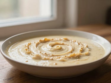 A comforting main meal dish, warm editorial photography, soft window light, rich cream and coffee tones, eye-level medium close-up.