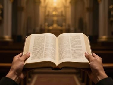 Hands holding an open bible under a soft golden spotlight in a dark sacred sanctuary.