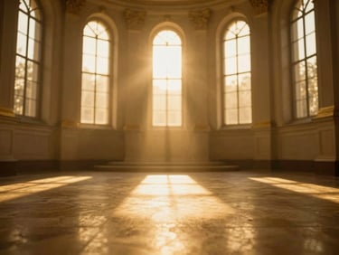 Cinematic editorial shot of an empty sanctuary glowing with golden ambient light, volumetric sunbeams breaking through high windows, shallow depth of field.