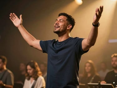 A dynamic worship leader in a moment of deep praise under dramatic golden stage lighting, cinematic editorial style.