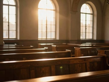Warm golden-hour sunbeams breaking through high sanctuary windows illuminating empty wooden pews.