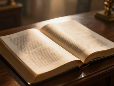 Close-up of open scriptures illuminated by a warm volumetric sunbeam on a dark wooden altar, shallow depth of field.