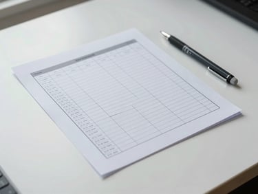 Overhead flat lay of a printed system template document with clean grid lines and labeled workflow columns, a mechanical pencil resting at the edge, cool north-facing daylight from the left, white desk surface, crisp minimal composition
