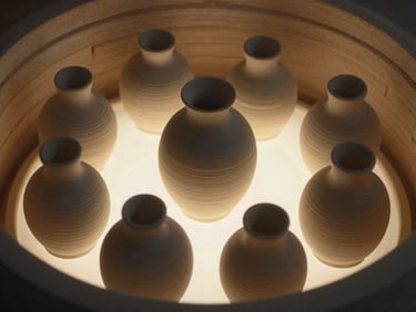 Close-up of glowing ceramics inside a kiln, harsh directional side-lighting, deep shadows, desaturated earth tones.