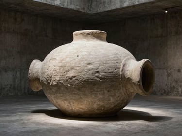 Wide shot of a large ceramic sculpture being installed in a brutalist concrete gallery space, harsh directional side-lighting, deep shadows, desaturated earth tones.