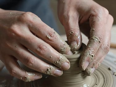 Extreme macro close-up of hands working with wet, raw clay, harsh directional side-lighting, deep shadows, desaturated earth tones.