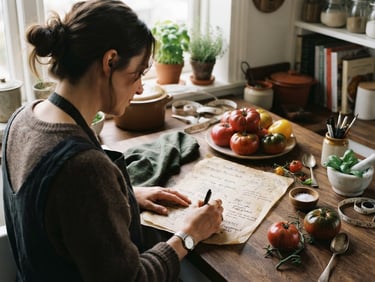Candid over-the-shoulder shot of a creator planning social media content on rustic parchment paper, surrounded by fresh heirloom tomatoes and kitchen tools, soft natural light.