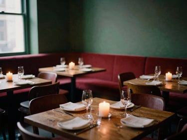 Cozy Scandinavian-style restaurant dining room, soft candlelight, warm wood tables, moody shadows, 35mm film