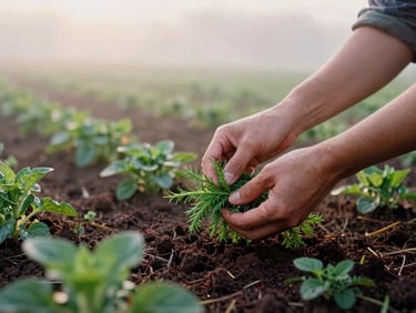 Hands harvesting fresh green herbs in a misty morning field, soft natural light, rich soil textures, warm editorial photography