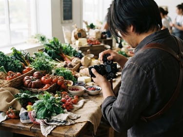 Candid over-the-shoulder shot of a photographer adjusting a camera lens over a rustic wooden table filled with fresh artisanal market ingredients, soft natural window light, deep green and crimson tones, 35mm film.