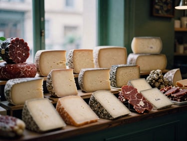 Modern artisanal food market stall with neatly arranged cheese and cured meats, soft low-key indoor lighting, 35mm film