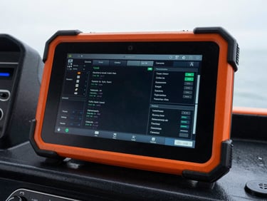 Close-up of a ruggedized Android tablet mounted in a high-glare tugboat cockpit, displaying a high-contrast technical data interface